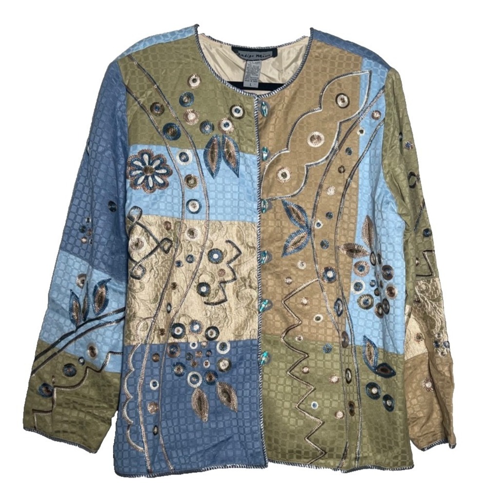 Vintage Indigo Moon Jacket Womens Lg Blue Green Embelish Embroidered‎ Patchwork